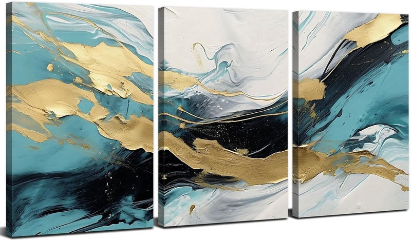 AREBOLO Teal and Gold Abstract Canvas Wall Art Set - Image 1