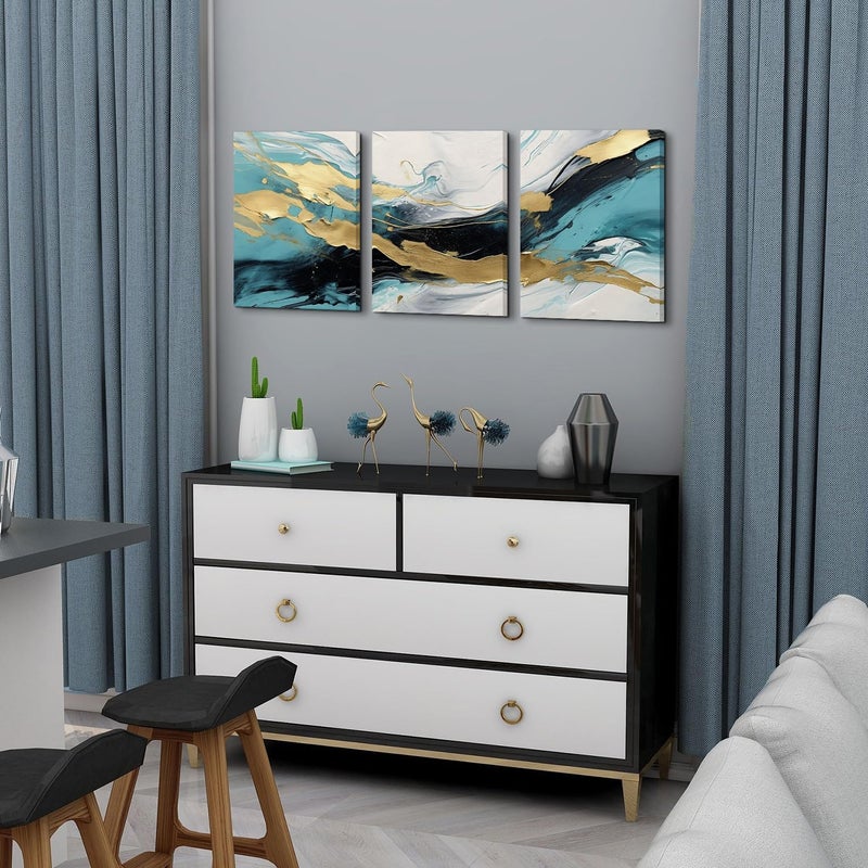 AREBOLO Teal and Gold Abstract Canvas Wall Art Set - Image 5