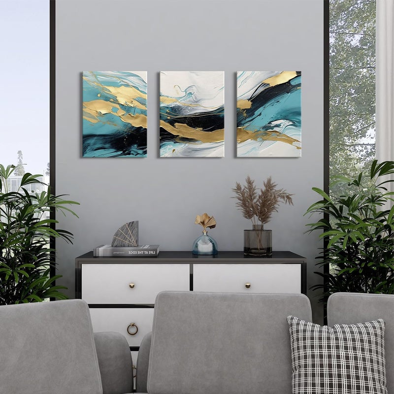 AREBOLO Teal and Gold Abstract Canvas Wall Art Set - Image 3