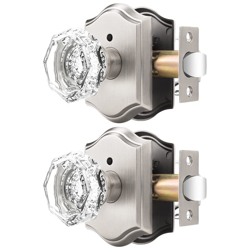 Orger Octagonal Crystal Door Knobs 2 Pack, Interior Privacy Door Handle for Bed/Bathroom with Pin Lock Inside, Satin Nickel Vintage Rosette Door Knob with Heavy Duty Genuine Glass - Image 1