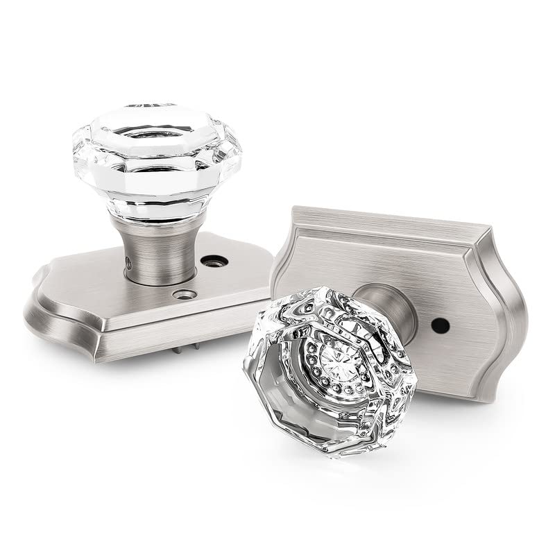 Orger Octagonal Crystal Door Knobs 2 Pack, Interior Privacy Door Handle for Bed/Bathroom with Pin Lock Inside, Satin Nickel Vintage Rosette Door Knob with Heavy Duty Genuine Glass - Image 3