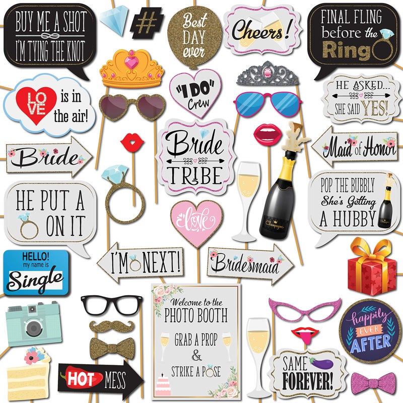 Bridal Shower Photo Booth Props  41pc Photo Booth Kit with 8 x 10Inch Sign 60 Adhesive Pads 45 Sticks  Team Bride Photo Booth Props  Bachelorette Props Photo Booth