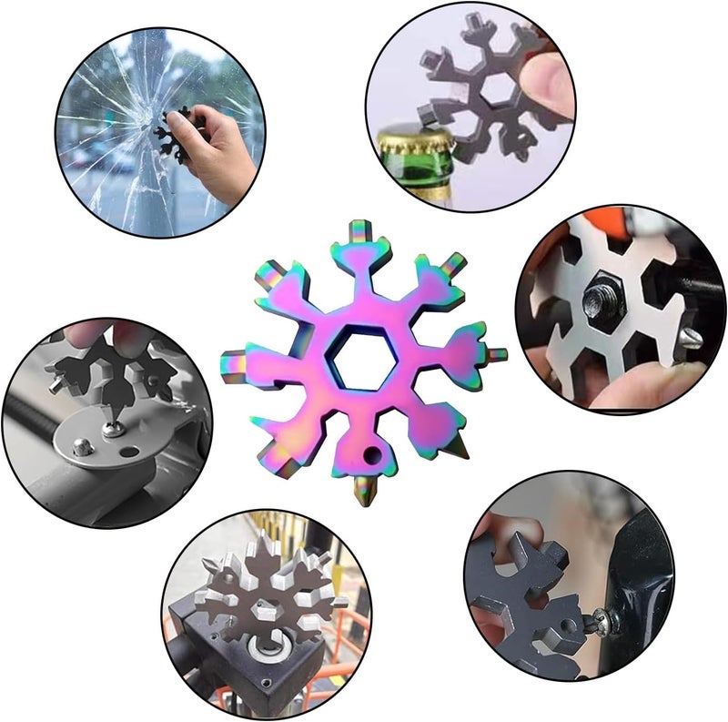18 in 1 Snowflake Keychain Multi Tool – Portable Stainless Steel Wrench Tool with Allen Keys, Box Opener & Emergency Glass Breaker – Outdoor & DIY Essential (One pack) - Image 2