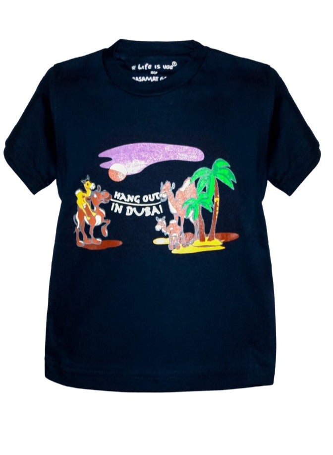 Kids T-Shirt Hang Out In   Dubai souvenir  Camel design navy blue color - Image 1