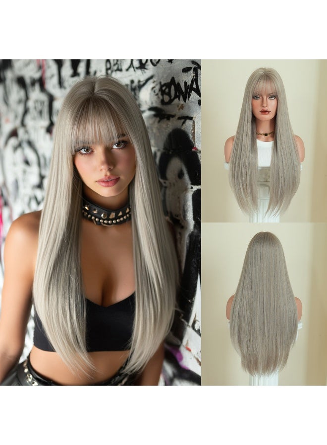 YANCI Hairband Long Straight Wig with  Bangs for Women, Natural Soft Synthetic Heat Resistant Hair Wig for Wedding Cosplay Party Daily Wear, 85cm (33 inches)Grey - Image 1