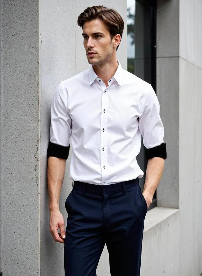 دينيس لينغو قميص رجالي سادة بياقة سبريد كاجوال