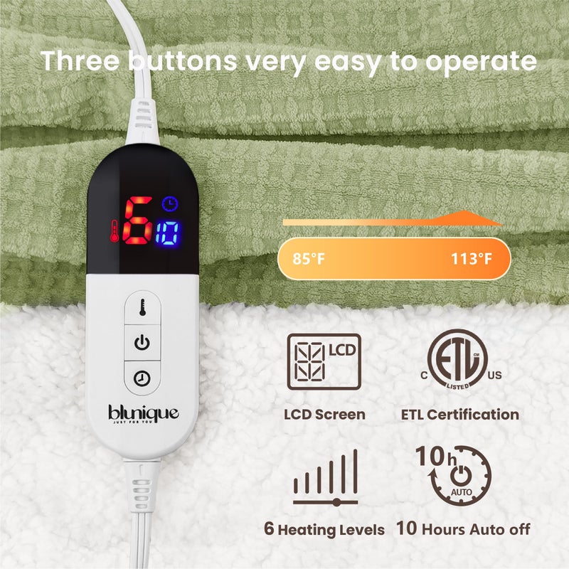 blunique Heated Blanket Electric Blanket Twin Waffle, 62x84 Inches Sherpa Fleece Fast Heating Blanket 6 Heating Levels & 10 Hours Auto Off ETL Certification, Sage Twin - Image 5