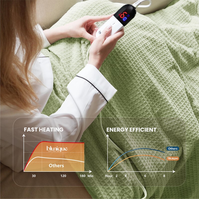 blunique Heated Blanket Electric Blanket Twin Waffle, 62x84 Inches Sherpa Fleece Fast Heating Blanket 6 Heating Levels & 10 Hours Auto Off ETL Certification, Sage Twin - Image 4