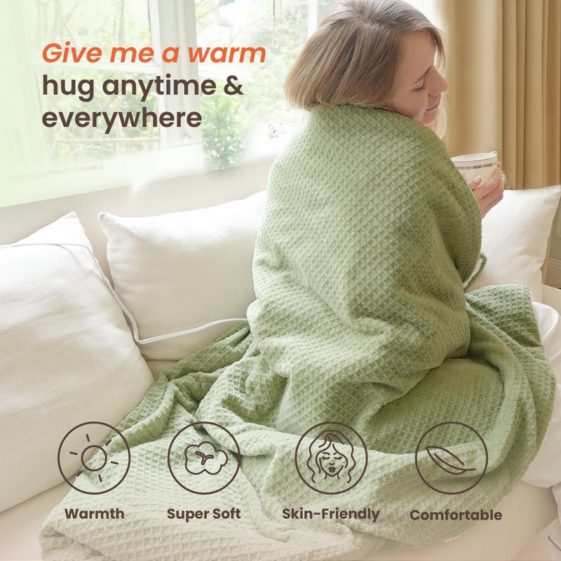 blunique Heated Blanket Electric Blanket Twin Waffle, 62x84 Inches Sherpa Fleece Fast Heating Blanket 6 Heating Levels & 10 Hours Auto Off ETL Certification, Sage Twin - Image 3