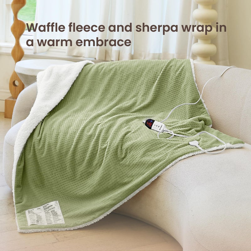 blunique Heated Blanket Electric Blanket Twin Waffle, 62x84 Inches Sherpa Fleece Fast Heating Blanket 6 Heating Levels & 10 Hours Auto Off ETL Certification, Sage Twin - Image 2
