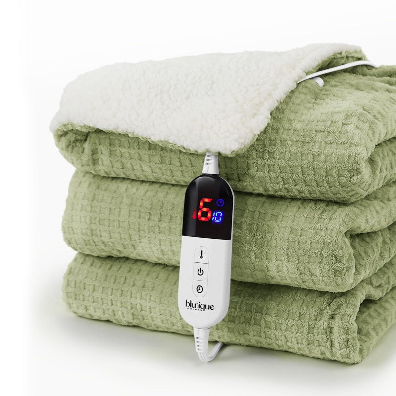 blunique Heated Blanket Electric Blanket Twin Waffle, 62x84 Inches Sherpa Fleece Fast Heating Blanket 6 Heating Levels & 10 Hours Auto Off ETL Certification, Sage Twin - Image 1