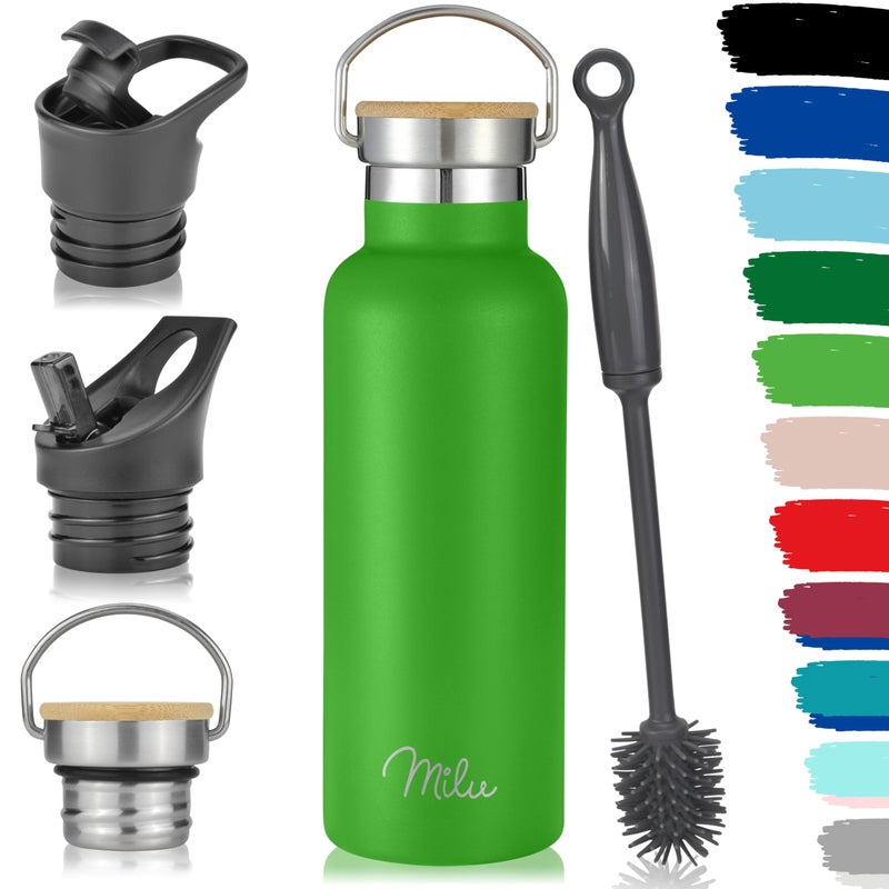 Milu Stainless Steel Drinking Bottle 350ml 500ml 750ml 1l 3 Lids  Thermo Bottle with Straw Water Bottle for Hot Cold  Carbonated Drinks Apple Green 500ml