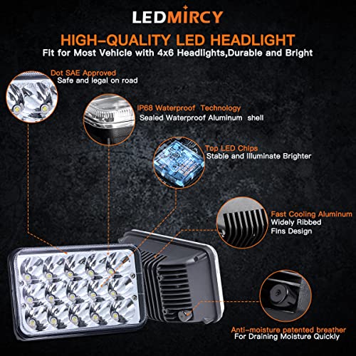 LEDMIRCY 4x6 LED Lights High Low Sealed Beam White Rectangular LED Light 4PCS 45W Rectangular Automotive Headlight Assemblies with H4651 H4656 H6545 H4652 H4666 H4668 H4642 - Image 5