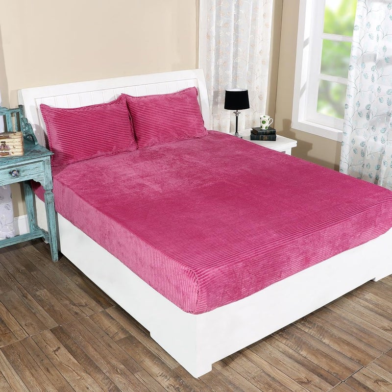 RD TREND 190 GSM Warm Flannel Elastic Fitted Striped bedsheets for Winter King Size78X72X8 Inch with 2 Pillow Cover Size 18x28 Inches Colour Light PinkStriped
