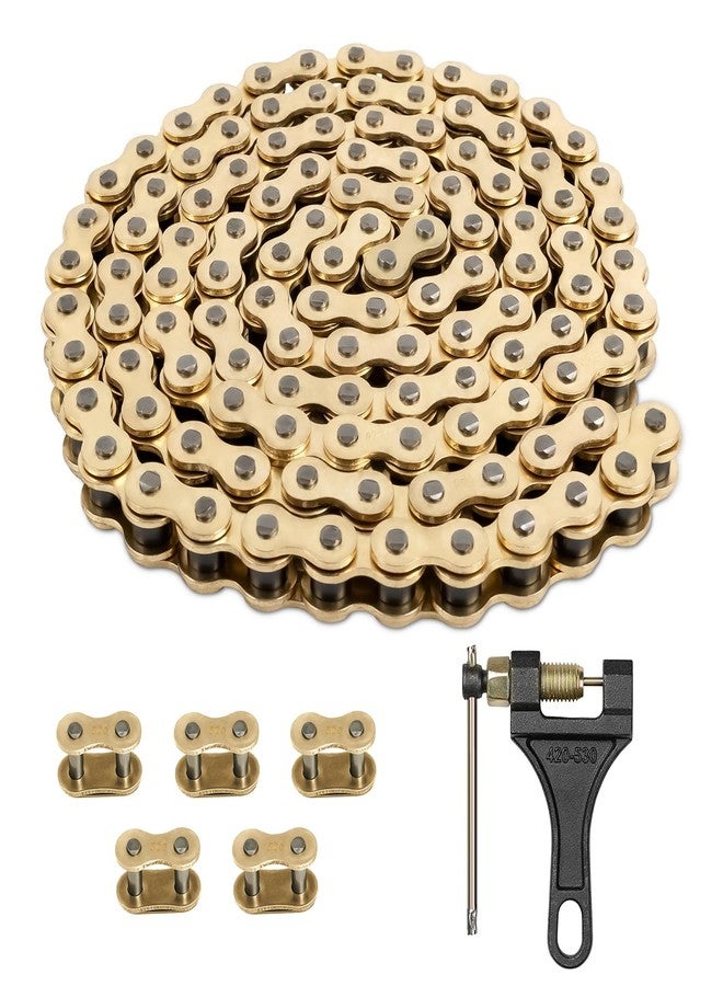 Belleone 520 Gold Motorcycle Chain 114 Links with Chain Breaker, 520 Drive Bike Roller Chain with 5 Master Links - Image 1