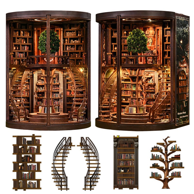 Spilay DIY Miniature House Kit Miniature Dollhouse Kit with LED Light Mini House Building Kit Book Nook for Adult Creative Bookshelf Decoration Unique GiftWisdom Rings Book Repository - Image 3