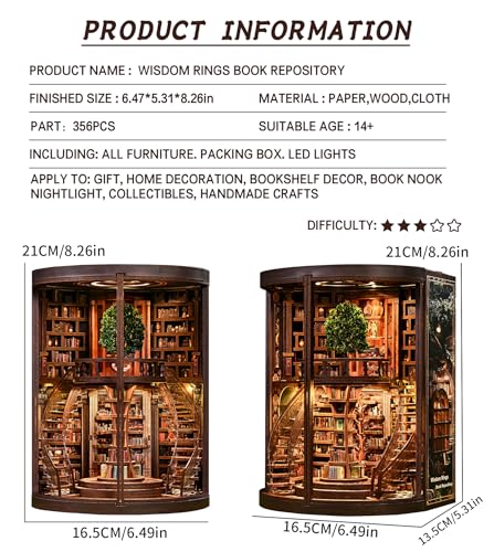 Spilay DIY Miniature House Kit Miniature Dollhouse Kit with LED Light Mini House Building Kit Book Nook for Adult Creative Bookshelf Decoration Unique GiftWisdom Rings Book Repository - Image 5