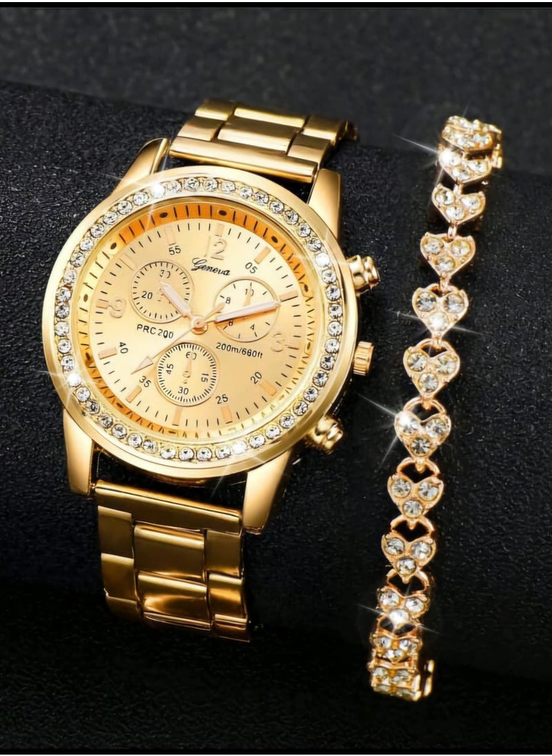 Shein 1PC Women Gold Zinc Alloy Strap Glamorous Rhinestone Decor Round Dial Quartz Watch & 1pc Bracelet, For Daily Life As A Gift  - Image 1