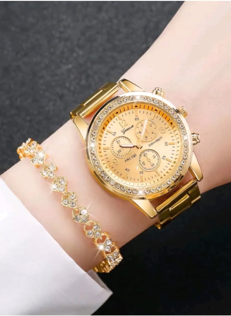 Shein 1PC Women Gold Zinc Alloy Strap Glamorous Rhinestone Decor Round Dial Quartz Watch & 1pc Bracelet, For Daily Life As A Gift  - Image 3