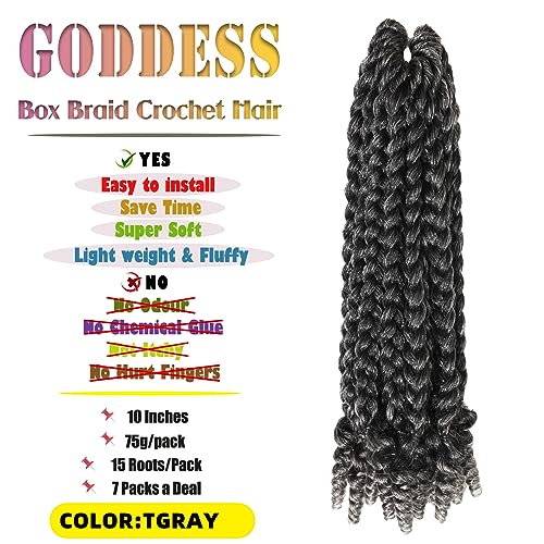 hahoness 7 Packs 10 Inches Goddess Box Braid Crochet Hair with Toni Curl Ends for Black Women,Mother and Baby Kids - Ombre Gray, Bohemian Box Braids Crochet Hair (105 Strands,T1B/Gray) - Image 3