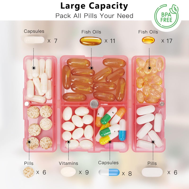 FYY Daily Pill Organizer, 7 Compartments Portable Pill Case Travel Pill Organizer,[Folding Design] Pill Box for Purse Pocket to Hold Vitamins,Cod Liver Oil,Supplements and Medication-Clear Red - Image 2