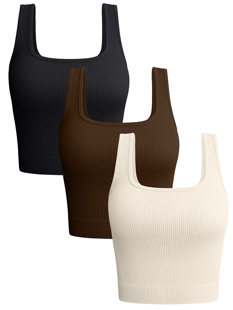 OQQ Women's 3 Piece Tank Tops Ribbed Seamless Workout Exercise Shirts 2025 Summer Basic Camis Black Coffee Beige - Image 1