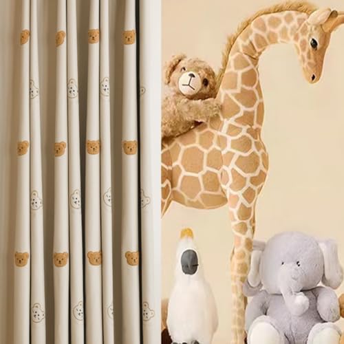 AiFMQQ Cartoon Bears Kids Blackout Curtains for Babys Bedoom Living Room Grommet Top Beige Embroidery 3D Bear Darkening Curtain for Nursery Baby Room 1 Panel (Beige, W42 L84 inch) - Image 3