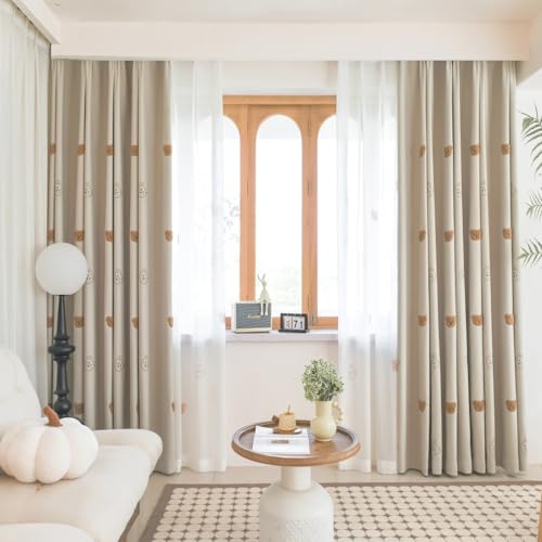 AiFMQQ Cartoon Bears Kids Blackout Curtains for Babys Bedoom Living Room Grommet Top Beige Embroidery 3D Bear Darkening Curtain for Nursery Baby Room 1 Panel (Beige, W42 L84 inch) - Image 2