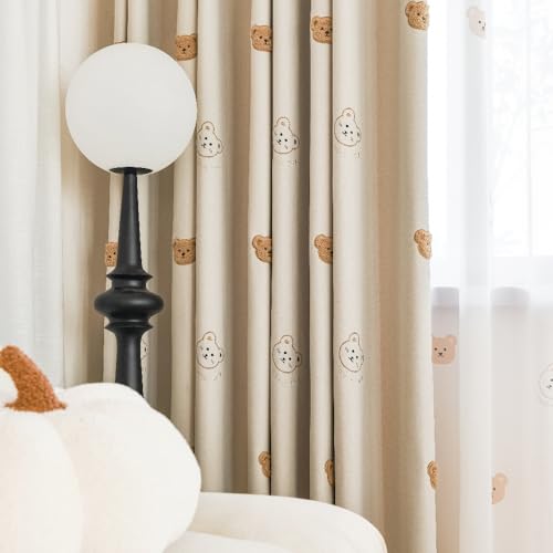 AiFMQQ Cartoon Bears Kids Blackout Curtains for Babys Bedoom Living Room Grommet Top Beige Embroidery 3D Bear Darkening Curtain for Nursery Baby Room 1 Panel (Beige, W42 L84 inch) - Image 4