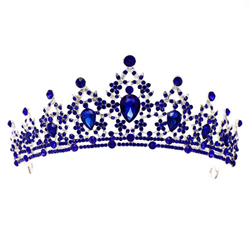 FORSEVEN Crystal Wedding Crown Queen Tiara Bride Crowns for Women Rhinestone Headbands Princess Birthday Party Tiaras Bridal Wedding Accessories (Blue) - Image 1