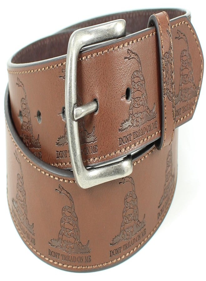 BC Belts Don’t Tread on Me Leather Belt Strap and Metal Buckle 1.5" Wide with Snaps - Gadsden Flag Patriotic Symbol American History USA (Brown-S) - Image 2