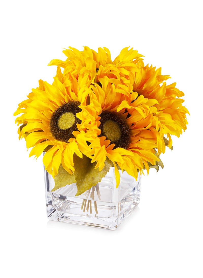 ENOVA HOME ENOVA HOME 7 Heads Silk Sunflower Arrangement Flower Centerpiece in Clear Glass Vase with Faux Water for Home Decoration  - Image 2