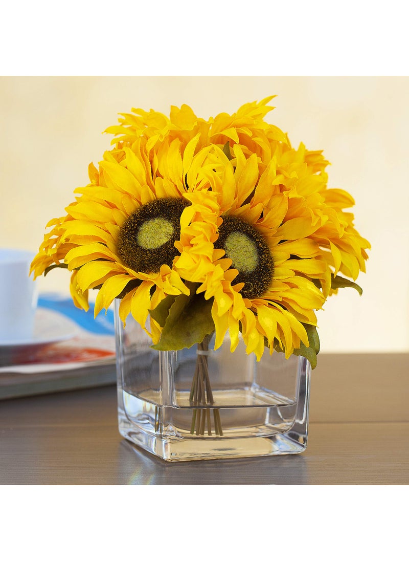 ENOVA HOME ENOVA HOME 7 Heads Silk Sunflower Arrangement Flower Centerpiece in Clear Glass Vase with Faux Water for Home Decoration  - Image 1