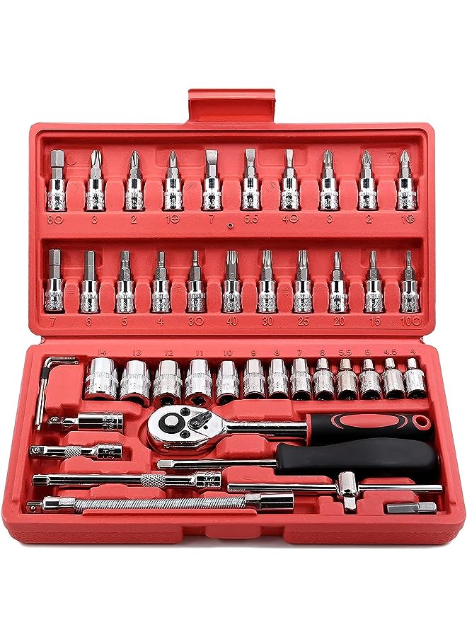 PROMASS Pcs Drive Socket Ratchet Wrench Set with Bit Socket Set Metric and Extension Bar for Auto Repairing Automobile Motorcycle Hardware Tool Combination Suit Household with Storage Case  - Image 1