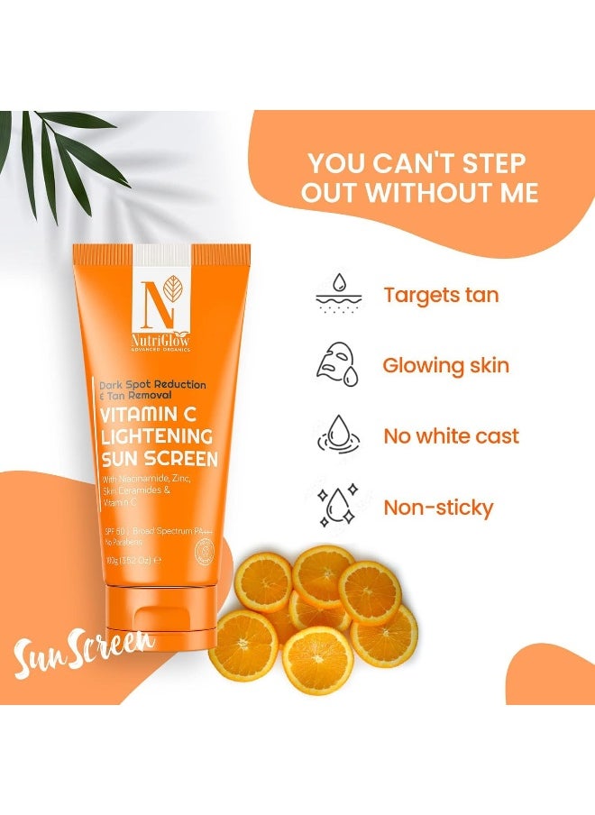 NUTRIGLOW - NUTRIGLOW Advanced Organics Vitamin C Lightening Sunscreen SPF50 PA+++ for Sun Protection, Quick Absorb, All Skin Types, 3.5 Oz - Image 1