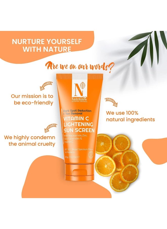 NUTRIGLOW - NUTRIGLOW Advanced Organics Vitamin C Lightening Sunscreen SPF50 PA+++ for Sun Protection, Quick Absorb, All Skin Types, 3.5 Oz - Image 1