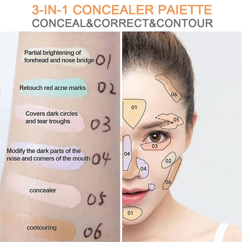 BliBling Concealer Contour Palette, 6 In 1 Color Correcting Concealer Contour Makeup Palette, Contouring Foundation Highlighting Makeup Kit for Dark Circles, Blemish With 2 Packs Brush (1#) - Image 4