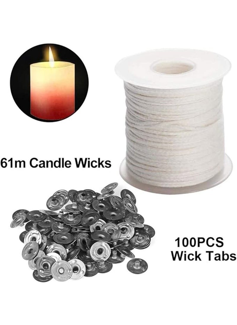 Generic - Candle Wicks- Natural Cotton Candle Wick Core 61m/Roll with 100 Pcs Metal Wick Sustainers Tabs Soy Wax Candle Wicks DIY Craft Candles Making Supplies Kit - Image 1