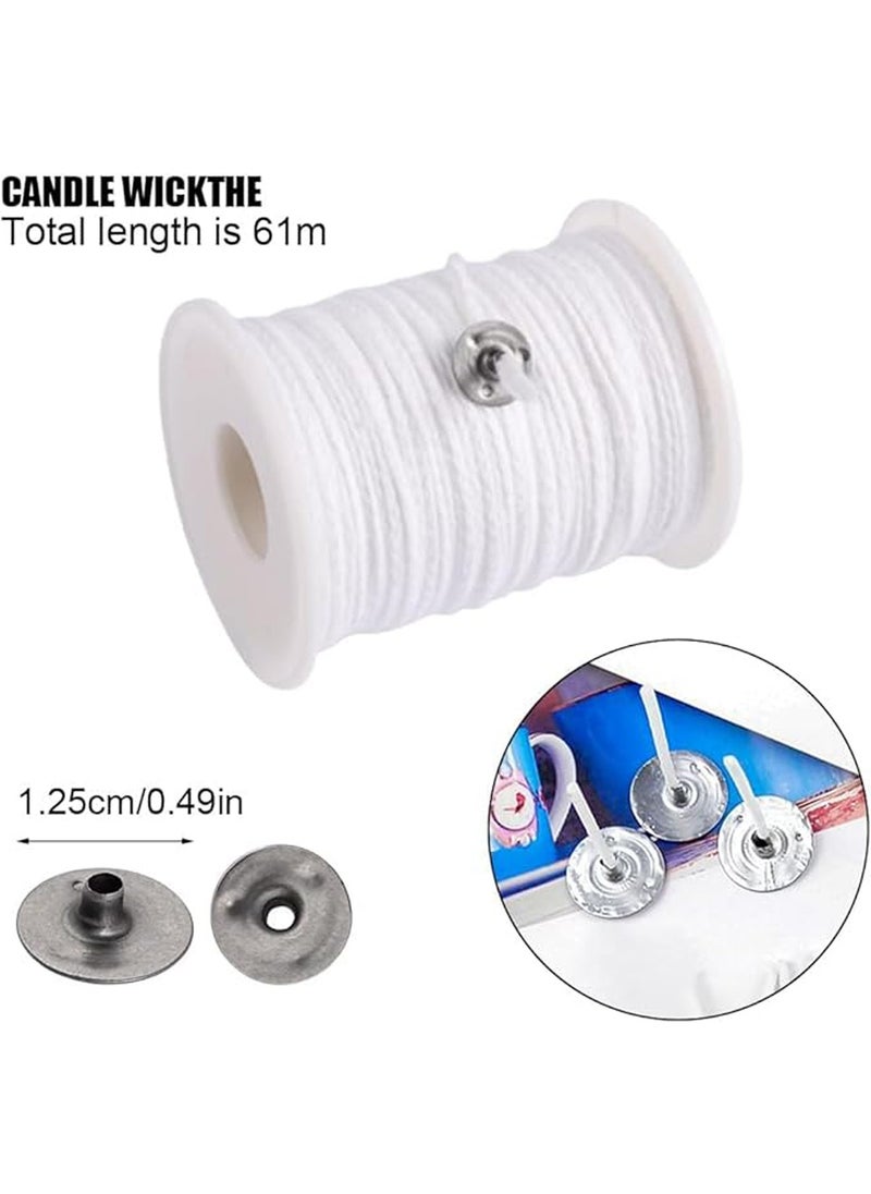 Generic - Candle Wicks- Natural Cotton Candle Wick Core 61m/Roll with 100 Pcs Metal Wick Sustainers Tabs Soy Wax Candle Wicks DIY Craft Candles Making Supplies Kit - Image 1