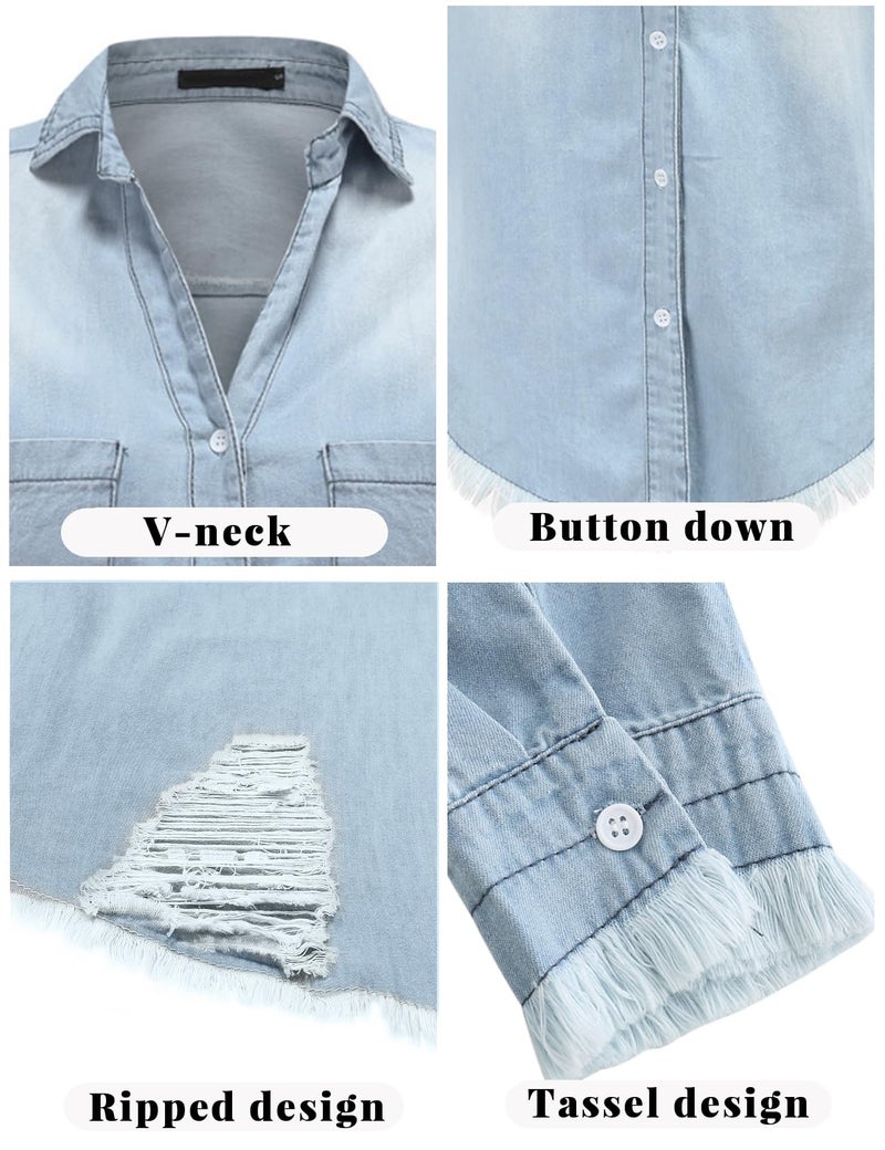 Zilcremo Women Denim Shirt Dresses Long Sleeve Distressed Jean Dress Button Down Casual Tunic Top Rippedlightblue L - Image 4