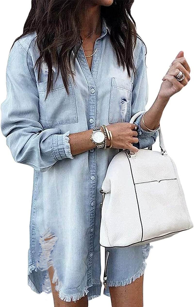 Zilcremo Women Denim Shirt Dresses Long Sleeve Distressed Jean Dress Button Down Casual Tunic Top Rippedlightblue L - Image 1