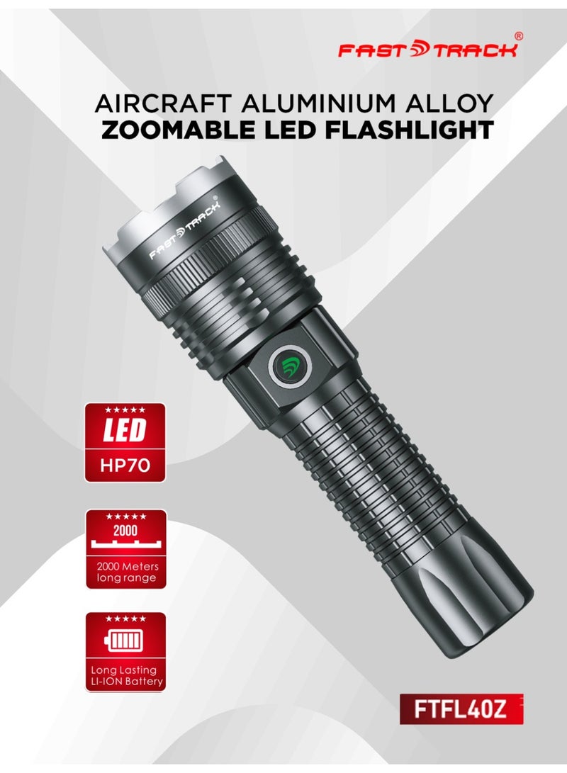 Fast Track Rechargeable Zoomable Flashlight, 20W HP70 LED Torch 1800 Lumens, Aircraft Aluminum Alloy Body, Adjustable Focus, 4000mAh Li-Ion Battery, Type-C Fast Charging, 2 Years Warranty - Image 1