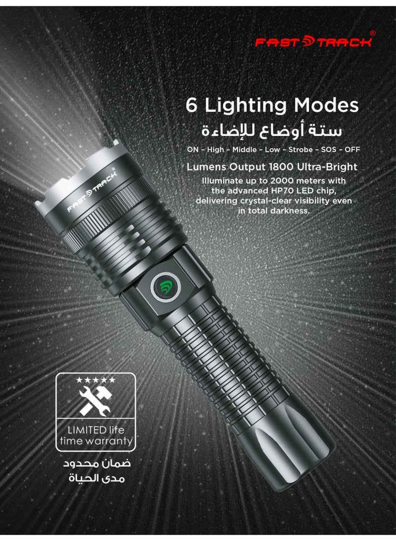 Fast Track Rechargeable Zoomable Flashlight, 20W HP70 LED Torch 1800 Lumens, Aircraft Aluminum Alloy Body, Adjustable Focus, 4000mAh Li-Ion Battery, Type-C Fast Charging, 2 Years Warranty - Image 2