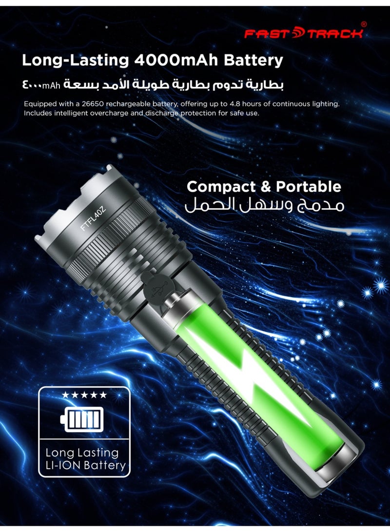 Fast Track Rechargeable Zoomable Flashlight, 20W HP70 LED Torch 1800 Lumens, Aircraft Aluminum Alloy Body, Adjustable Focus, 4000mAh Li-Ion Battery, Type-C Fast Charging, 2 Years Warranty - Image 3