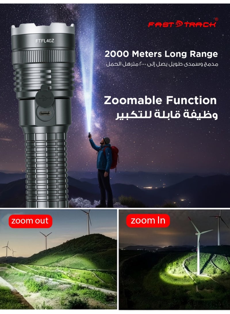 Fast Track Rechargeable Zoomable Flashlight, 20W HP70 LED Torch 1800 Lumens, Aircraft Aluminum Alloy Body, Adjustable Focus, 4000mAh Li-Ion Battery, Type-C Fast Charging, 2 Years Warranty - Image 4