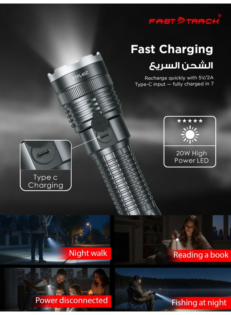 Fast Track Rechargeable Zoomable Flashlight, 20W HP70 LED Torch 1800 Lumens, Aircraft Aluminum Alloy Body, Adjustable Focus, 4000mAh Li-Ion Battery, Type-C Fast Charging, 2 Years Warranty - Image 5