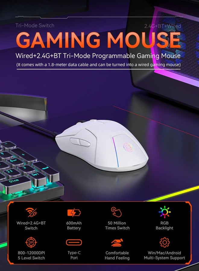 FMOUSE White Wireless Gaming Mouse, Tri Mode (2.4G/Bluetooth/Wired), PAW3311 Sensor, 12,000 DPI, 1,000Hz, 6 Programmable Buttons, USB C Rechargeable, Ergonomic Gamers Optical Mice for PC/Laptop/Mac - Image 5