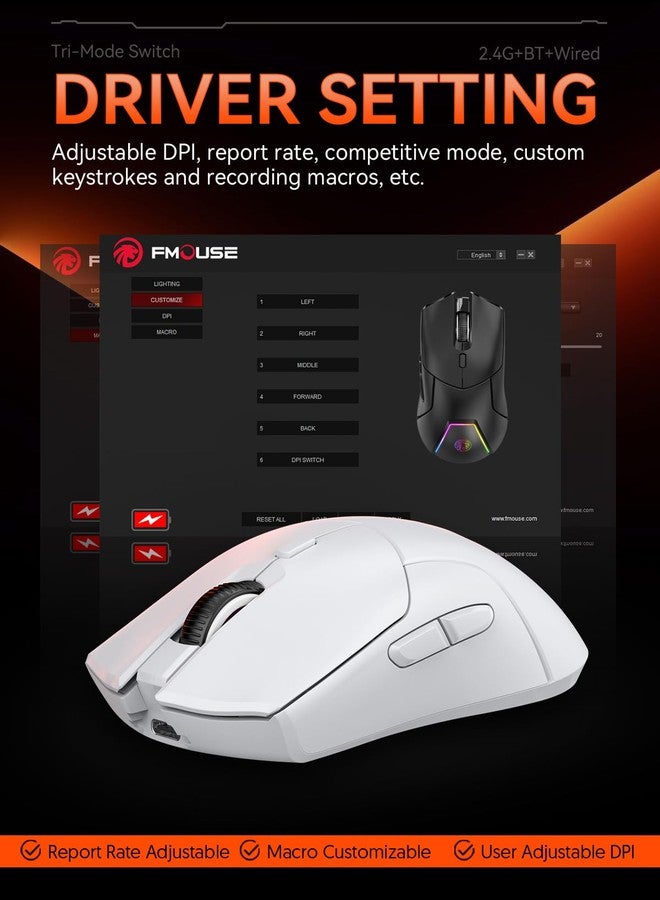 FMOUSE White Wireless Gaming Mouse, Tri Mode (2.4G/Bluetooth/Wired), PAW3311 Sensor, 12,000 DPI, 1,000Hz, 6 Programmable Buttons, USB C Rechargeable, Ergonomic Gamers Optical Mice for PC/Laptop/Mac - Image 4