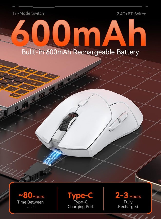 FMOUSE White Wireless Gaming Mouse, Tri Mode (2.4G/Bluetooth/Wired), PAW3311 Sensor, 12,000 DPI, 1,000Hz, 6 Programmable Buttons, USB C Rechargeable, Ergonomic Gamers Optical Mice for PC/Laptop/Mac - Image 3