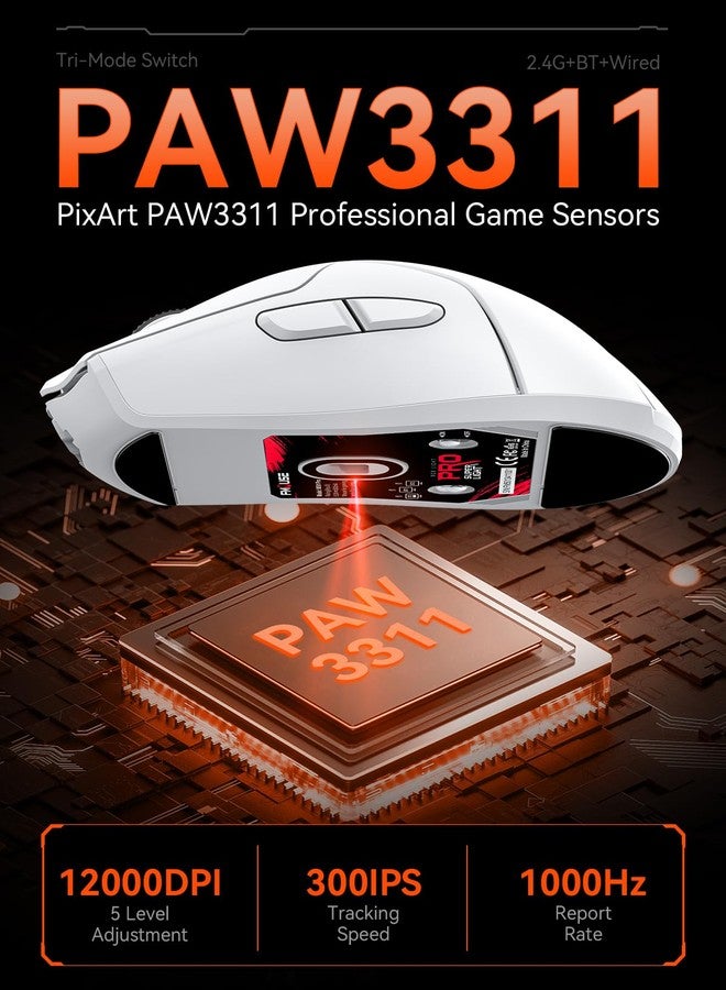 FMOUSE White Wireless Gaming Mouse, Tri Mode (2.4G/Bluetooth/Wired), PAW3311 Sensor, 12,000 DPI, 1,000Hz, 6 Programmable Buttons, USB C Rechargeable, Ergonomic Gamers Optical Mice for PC/Laptop/Mac - Image 2